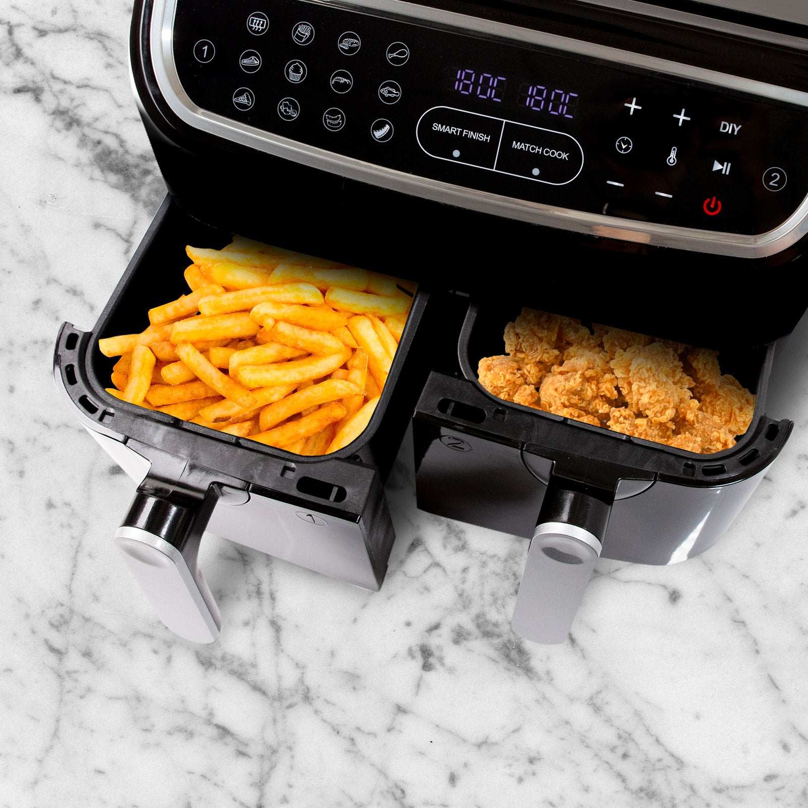 Kitchen Couture DUO 2-Basket Digital Air Fryer with LED display and two 4.5 litre baskets, showcasing its sleek black design.